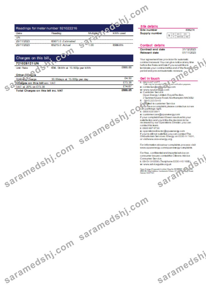 Opus Energy electricity utility business bill,  page 2, SCR